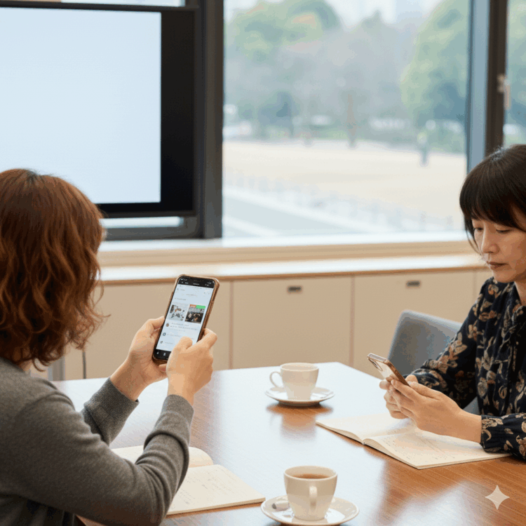 メルカリ講座を体験している主婦の方がスマホを触っている様子の写真